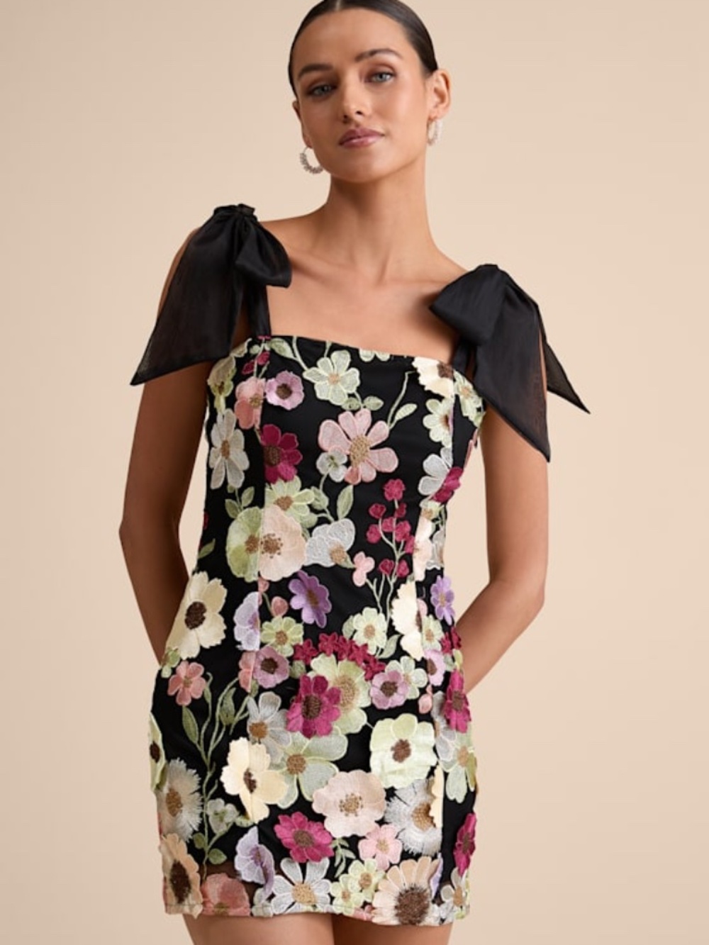 Black Floral Tie-strap Mini Dress by Lulus- Size M